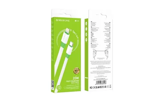 Кабель USB Type-C-Lightning 8-pin, плоский, 2.4А, 20 Вт, 1 м, белый/зеленый, Borofone Union BX89