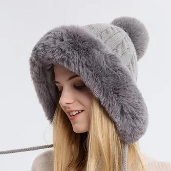 Зимняя теплая вязаная шапка для женщин, меховые шапки Skullies с ушками, женская термоплюшевая пушистая шапка-бомбер, русские снежные шапки