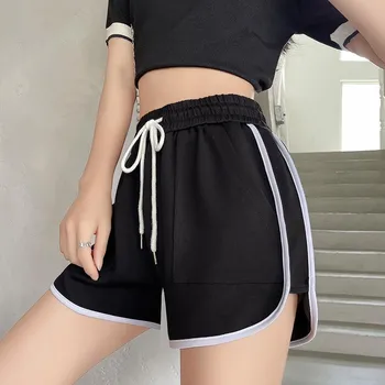 Women Summer Jogging Sports Solid Color Drawstring High-Waisted Wide-Leg Casual Shorts Pants S темно-синий