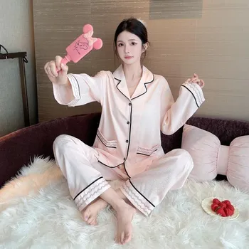 Autumn Luxury New Style Pajamas Two-piece Set Ice Silk Long-sleeved Trousers Jacquard Double-pocket Pajamas Home Set M