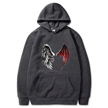 Demon And Angel Wings Print Hoodie Winter Fleece Long Sleeves Sport Jogging Pullover Sweatshirt Clothes S