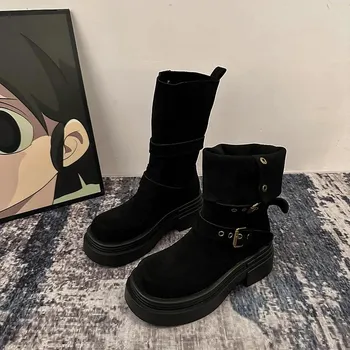 Autumn Winter Women Warm Plush Modern Boots Fashion Belt Buckle Thick Heel Shoes Causal Woman Cotton Mid Calf Booties 35 коричневый