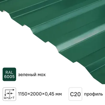 Профнастил С20 0.45 мм 1150x2000 мм зелёный RAL 6005