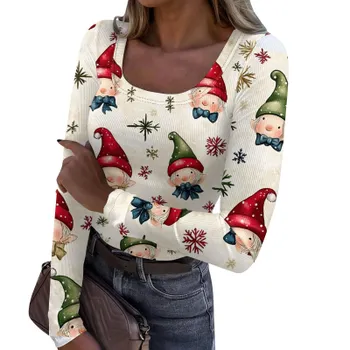 Женская мода Slim Bottom Casual с длинным рукавом и рождественским принтом пуловер с U-образным вырезом XXXL хаки