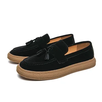 Fashion Spring New Tassel Loafers Men Matte Leather Soft Brown Casual Moccasin Men s Shoes Slip-on Leather Shoes Driving Classic Loafers 38 чёрный