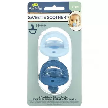 itzy ritzy, Sweetie Soother, пищевые силиконовые пустышки, для детей от 0 до 6 месяцев, косички Sky & Surf, 2 пустышки