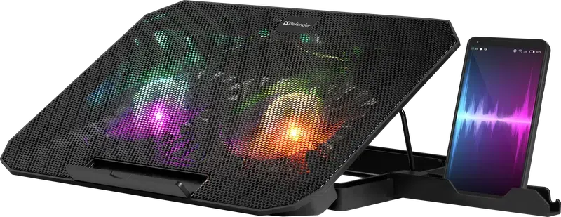Охлаждающая подставка для ноутбука 15.6" Defender NS-510, вентилятор: 2x140мм, RGB подсветка, 2xUSB, металл, пластик, черный (29510)