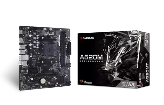 Материнская плата Biostar A520MT, SocketAM4, AMD A520, 2xDDR4, PCI-Ex16, 4SATA3, 7.1-ch, GLAN, 6 USB 3.2, 1 USB Type-C, HDMI, DP, mATX, Retail