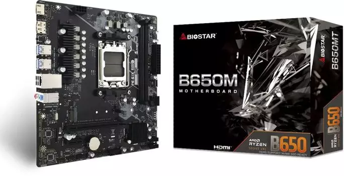 Материнская плата Biostar B650MT, AM5, AMD B650, 2xDDR5 DIMM, PCI-Ex16, 4SATA3, 7.1-ch, GLAN, 6 USB 3.2, 1 USB Type-C, HDMI, DP, mATX, Retail