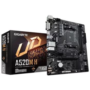 Материнская плата GIGABYTE A520M H, SocketAM4, AMD A520, 2xDDR4, PCI-Ex16, 4SATA3, 7.1-ch, GLAN, 6 USB 3.2, DVI, HDMI, mATX, Retail