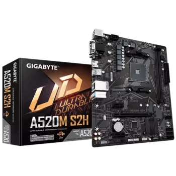 Материнская плата GIGABYTE A520M S2H, SocketAM4, AMD A520, 2xDDR4, PCI-Ex16, 4SATA3, 7.1-ch, GLAN, 6 USB 3.2, VGA, DVI, HDMI, mATX, Retail