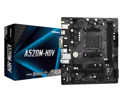 Материнская плата ASRock A520M-HDV, SocketAM4, AMD A520, 2xDDR4, PCI-Ex16, 4SATA3, 7.1-ch, GLAN, 6 USB 3.2, VGA, DVI, HDMI, mATX, Retail