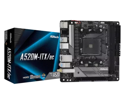 Материнская плата ASRock A520M-ITX/AC, SocketAM4, AMD A520, 2xDDR4, PCI-Ex16, 4SATA3, 7.1-ch, GLAN, 5 USB 3.2, 1 USB Type-C, HDMI, DP, mini-ITX, Retail