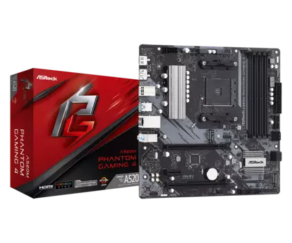 Материнская плата ASRock A520M PHANTOM GAMING 4, SocketAM4, AMD A520, 4xDDR4, 2PCI-Ex16, 4SATA3, 7.1-ch, GLAN, 6USB 3.2, HDMI, DisplayPort, mATX, Retail
