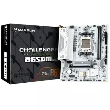 Материнская плата MaxSun Challenger B650M WIFI ICE, AM5, AMD B650, 2xDDR5 DIMM, PCI-Ex16, 4SATA3, 5.1-ch, GLAN, 6 USB 3.2, HDMI, DP, mATX, Retail