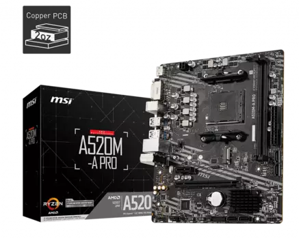 Материнская плата MSI A520M-A PRO, SocketAM4, AMD A520, 2xDDR4, PCI-Ex16, 4SATA3, 7.1-ch, GLAN, 6 USB 3.2, DVI, HDMI, mATX, Retail