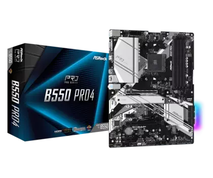 Материнская плата ASRock B550 PRO4, SocketAM4, AMD B550, 4xDDR4, 2PCI-Ex16, 6SATA3, 7.1-ch, GLAN, 7 USB 3.2, 1 USB Type-C, VGA, HDMI, ATX, Retail