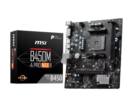 Материнская плата MSI B450M-A PRO MAX II, SocketAM4, AMD B450, 2xDDR4, PCI-Ex16, 4SATA3, 7.1-ch, 2.5GLAN, 6 USB 3.2, DVI, HDMI, mATX, Retail