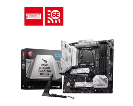 Материнская плата MSI MAG B760M MORTAR WIFI II, Socket1700, Intel B760, 4xDDR5 DIMM, 2PCI-Ex16, 4SATA3, 7.1-ch, 2.5GLAN, 5 USB 3.2, 2 USB Type-C, HDMI, DP, mATX, Retail