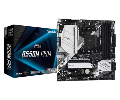Материнская плата ASRock B550M PRO4, SocketAM4, AMD B550, 4xDDR4, 2PCI-Ex16, 6SATA3, 7.1-ch, GLAN, 4 USB 3.2, 1 USB Type-C, VGA, DP, mATX, Retail