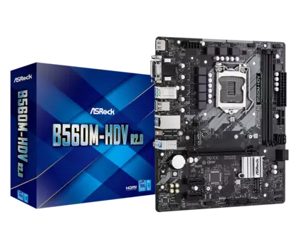 Материнская плата ASRock B560M-HDV R2.0, Socket1200, Intel B560, 2xDDR4, PCI-Ex16, 4SATA3, 7.1-ch, 1x1000 Мбит/с, 6 USB 3.2, VGA, DVI, HDMI, mATX, Retail