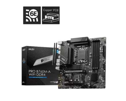 Материнская плата MSI PRO B760M-A WIFI DDR4, Socket1700, Intel B760, 4xDDR4, 2PCI-Ex16, 4SATA3, 7.1-ch, 2.5GLAN, 8 USB 3.2, 1 USB Type-C, HDMI, DP, mATX, Retail