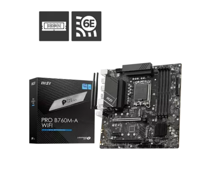 Материнская плата MSI PRO B760M-A WIFI, Socket1700, Intel B760, 4xDDR5 DIMM, 2PCI-Ex16, 4SATA3, 7.1-ch, 2.5GLAN, 8 USB 3.2, 1 USB Type-C, HDMI, DP, mATX, Retail