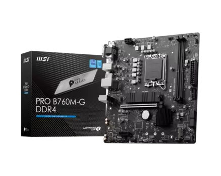 Материнская плата MSI PRO B760M-G DDR4, Socket1700, Intel B760, 2xDDR4, PCI-Ex16, 4SATA3, 7.1-ch, 2.5GLAN, 6 USB 3.2, VGA, HDMI, DP, mATX, Retail