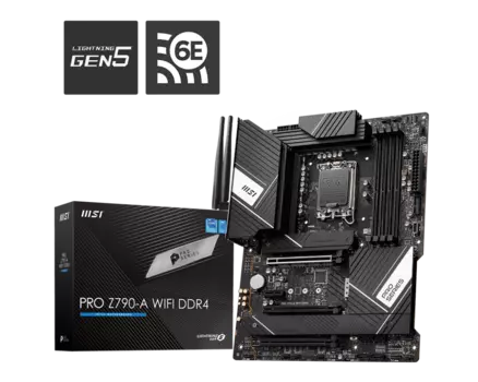 Материнская плата MSI PRO Z790-A WIFI DDR4, Socket1700, Intel Z790, 4xDDR4, 3PCI-Ex16, 6SATA3, 7.1-ch, 2.5GLAN, 7 USB 3.2, 2 USB Type-C, HDMI, DP, ATX, Retail