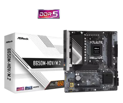 Материнская плата ASRock B650M-HDV/M.2, AM5, AMD B650, 2xDDR5 DIMM, 2PCI-Ex16, 4SATA3, 7.1-ch, 2.5GLAN, 4 USB 3.2, 2 USB Type-C, HDMI, DP, mATX, Retail