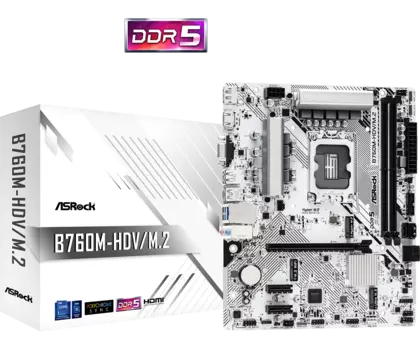 Материнская плата ASRock B760M-HDV/M.2, Socket1700, Intel B760, 2xDDR5 DIMM, PCI-Ex16, 4SATA3, 7.1-ch, 2.5GLAN, 5 USB 3.2, 1 USB Type-C, VGA, HDMI, DP, mATX, Retail