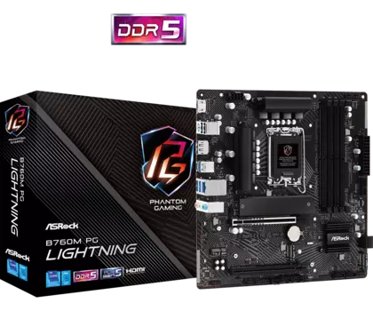 Материнская плата ASRock B760M PG LIGHTNING, Socket1700, Intel B760, 4xDDR5 DIMM, 2PCI-Ex16, 4SATA3, 7.1-ch, 2.5GLAN, 5 USB 3.2, 1 USB Type-C, HDMI, DP, mATX, Retail