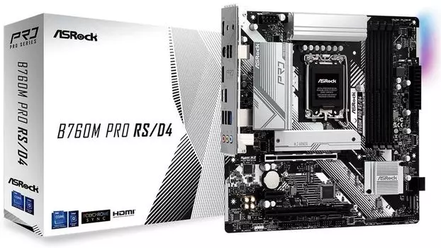 Материнская плата ASRock B760M PRO RS/D4, Socket1700, Intel B760, 4xDDR4, 2PCI-Ex16, 4SATA3, 7.1-ch, 2.5GLAN, 5 USB 3.2, 1 USB Type-C, HDMI, DP, mATX, Retail