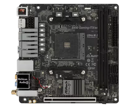 Материнская плата ASRock Fatal1ty B450 Gaming-ITX/ac, SocketAM4, AMD B450, 2xDDR4, PCI-Ex16, 4SATA3, 7.1-ch, GLAN, 6 USB 3.1, 1 USB Type-C, HDMI, DP, mini-ITX, Retail
