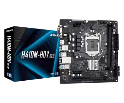 Материнская плата ASRock H410M-HDV R2.0, Socket1200, Intel H410, 2xDDR4, PCI-Ex16, 4SATA3, 7.1-ch, GLAN, 4 USB 3.2, VGA, DVI, HDMI, mATX, Retail