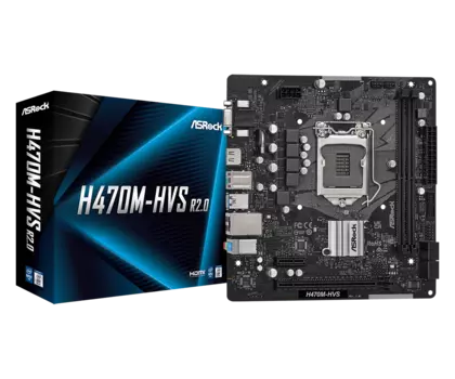 Материнская плата ASRock H470M-HVS R2.0, Socket1200, Intel H470, 2xDDR4, PCI-Ex16, 4SATA3, 7.1-ch, GLAN, 4 USB 3.2, VGA, HDMI, mATX, Retail
