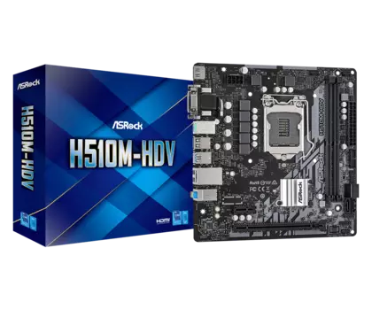 Материнская плата ASRock H510M-HDV, Socket1200, Intel H510, 2xDDR4, PCI-Ex16, 4SATA3, 7.1-ch, GLAN, 4USB 3.2, VGA, DVI, HDMI, mATX, Retail