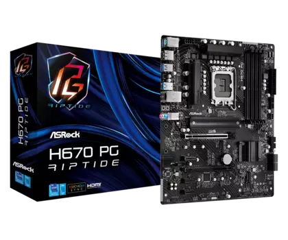 Материнская плата ASRock H670 PG Riptide, Socket1700, Intel H670, 4xDDR4, 2PCI-Ex16, 4SATA3, 7.1-ch, GLAN, 9 USB 3.2, 2 USB Type-C, HDMI, DP, ATX, Retail
