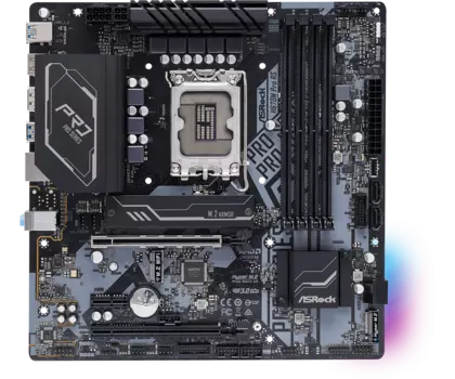 Материнская плата ASRock H670M PRO RS, Socket1700, Intel H670, 4xDDR4, 2PCI-Ex16, 4SATA3, 7.1-ch, GLAN, 10 USB 3.2, 1 USB Type-C, HDMI, DP, mATX, Retail