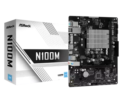 Материнская плата ASRock N100M, SoC, Intel N100, встроен в мат.плату, 1xDDR4, PCI-Ex16, 2SATA3, 7.1-ch, GLAN, 4 USB 3.2, 1 USB Type-C, VGA, HDMI, DP, mATX, Retail