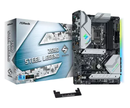 Материнская плата ASRock Z590 STEEL LEGEND, Socket1200, Intel Z590, 4xDDR4, 2PCI-Ex16, 6SATA3, 7.1-ch, 2.5GLAN, 7USB 3.2, 2USB Type-C, HDMI, DisplayPort, ATX, Retail