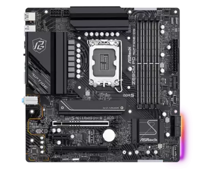 Материнская плата ASRock Z690M PG RIPTIDE/D5, Socket1700, Intel Z690, 4xDDR5 DIMM, 2PCI-Ex16, 4SATA3, 7.1-ch, 1х2,5 Гбит/с, 9 USB 3.2, 2 USB Type-C, HDMI, DP, mATX, Retail