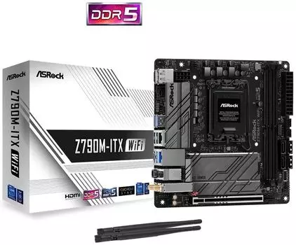 Материнская плата ASRock Z790M-ITX WIFI, Socket1700, Intel Z790, 2xDDR5 DIMM, PCI-Ex16, 4SATA3, 7.1-ch, GLAN, 2.5GLAN, 6 USB 3.2, 1 USB Type-C, HDMI, DP, mini-ITX, Retail