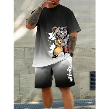 Manfinity RSRT Men s Color Block Anime Mechanical Bear Round Neck Short Sleeve T-shirt And Pocket Design Shorts 2 Sets/sets S