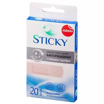 Sticky Пластырь бактерицидный влагостойкий с ионами серебра 1,9 см х 7,2 см 20 шт