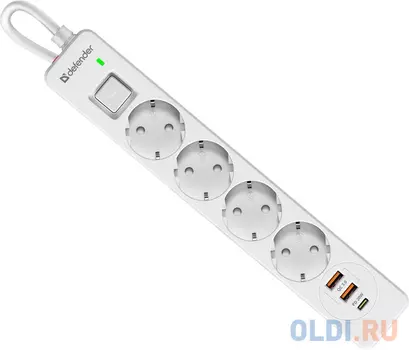 Defender Удлинитель с сетевым фильтром DFS 143, белый, 4розетки, USB+TypeC, 3 м.