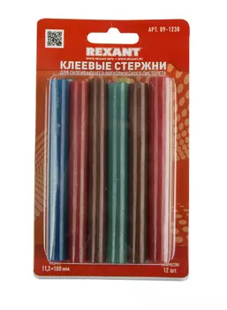 Клеевые стержни REXANT 1.13 см x 10 см, цветной, 12 шт., блистер (09-1230)