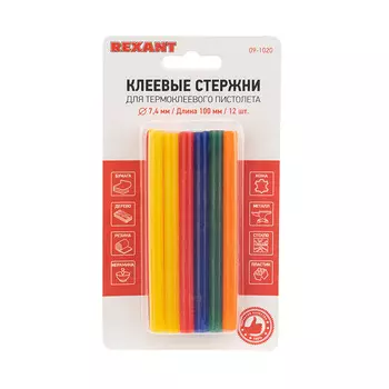 Клеевые стержни REXANT 7.4 мм x 10 см, цветной, 12 шт., блистер (09-1020)