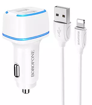 Автомобильное зарядное устройство Borofone BZ14, 2xUSB, 3А, 12 Вт, QC, кабель Lightning 8-pin, белый