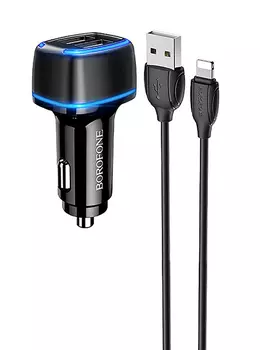 Автомобильное зарядное устройство Borofone BZ14 Max, 2xUSB, 2.4А, 10 Вт, кабель Lightning 8-pin, черный